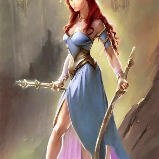 Prompt: elven princess character portrait by frank frazetta - wearing a dress, holding a staff, fantasy, dungeons & dragons, sharp focus, beautiful, artstation contest winner, detailed