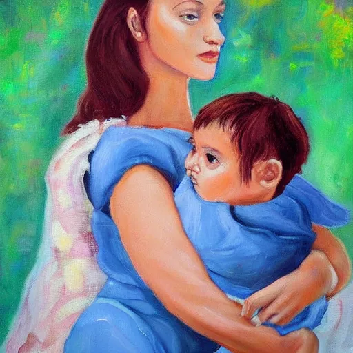 Prompt: a beautiful painting of a gorgeous young mother