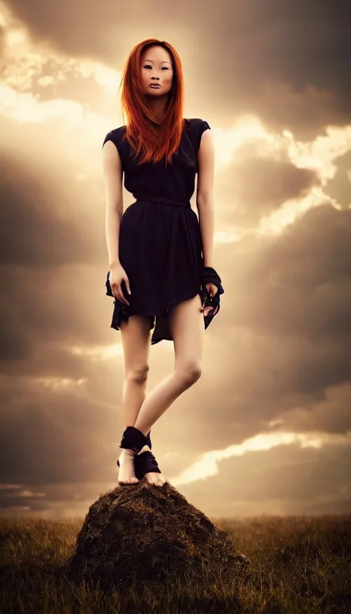 Image similar to photo of a gorgeous young asian redhead girl Jamie Chung , full body, high fashion model, searching for eternity, skulls around, cloud goddess, duality, far away dreamy atmosphere, rays of light, deep shadows, demons in the style of stefan kostic, hyper realistic, sharp focus, 8k high definition, high fashion, vogue, insanely detailed, intricate, elegant, art by stanley lau and artgerm, brom