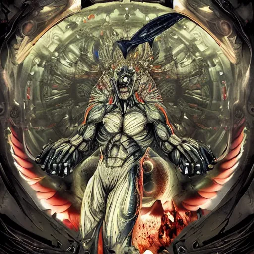 Image similar to 4K headshot of godlike Alien with defined arms and open hands and bloody clothes with giant mandala wings , intricate face , flawless anime cel animation by Kentaro Miura, psychedelic , highly detailed upper body , professionally post-processed , beautiful, scary, symmetry accurate features, epic, octane rendered, anime masterpiece, accurate by Craig Mullins, ilya kuvshinov, krenz cushart, epic , artgerm trending on artstation by Edward Hopper and Dan Mumford and WLOP and Rutkovsky, beksinski carl spitzweg moebius and tuomas kocar, intricate artwork by caravaggio, Unreal Engine 5, Lumen, Nanite