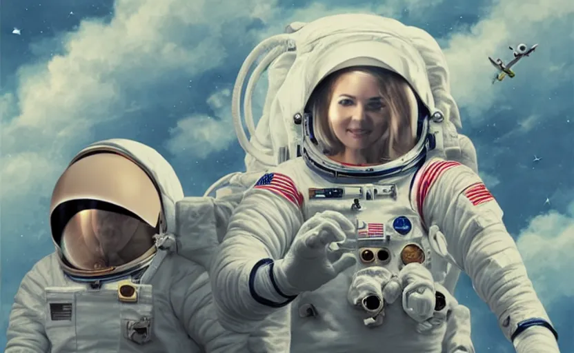 Image similar to astronaut women on a nimbus cloud, by mobius, trending on artstation, sharp focus, masterpiece