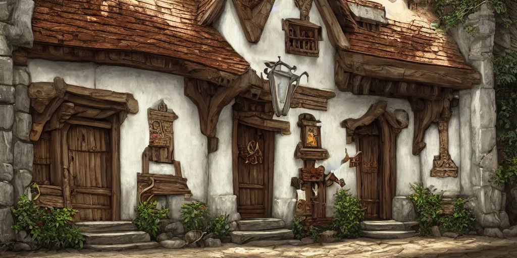 Prompt: facade of white plaster medieval timber building with a painted mural of a treant holding mugs, fantasy matte painting, intricate elegant detailed digital painting concept art artstation sharp focus, warm lighting - t