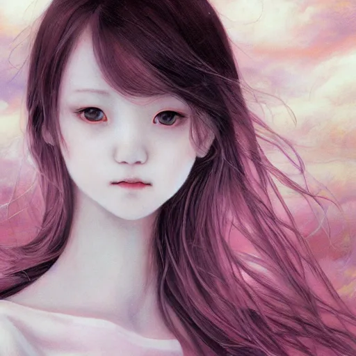 Prompt: young vampire Portrait by Miho Hirano, manga, realistic, detailed, white, light pink tonalities, beautiful collage technique including clouds, sea, wind, ornate sea background, beautiful Fantasy detailed trending on artstation, oil painting,Dramatic lighting, eterea , high quality print, fine art with subtle redshift rendering