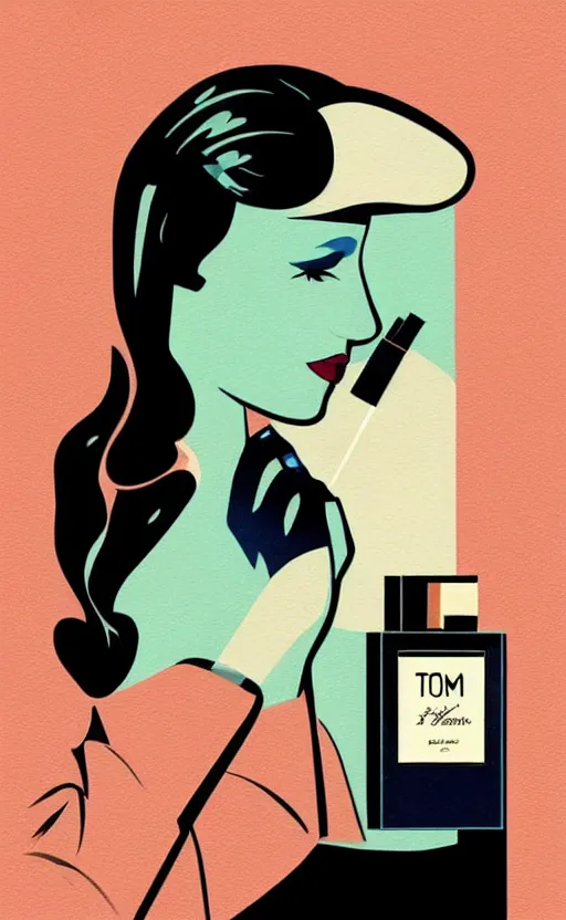 Image similar to illustration, close - up photo with beautiful bottle of perfume near nose, sniffing the aroma, an art deco painting by tom whalen, trending on behance, art deco, digital illustration, storybook illustration, grainy texture, flat shading, vector art, airbrush, pastel, watercolor, poster