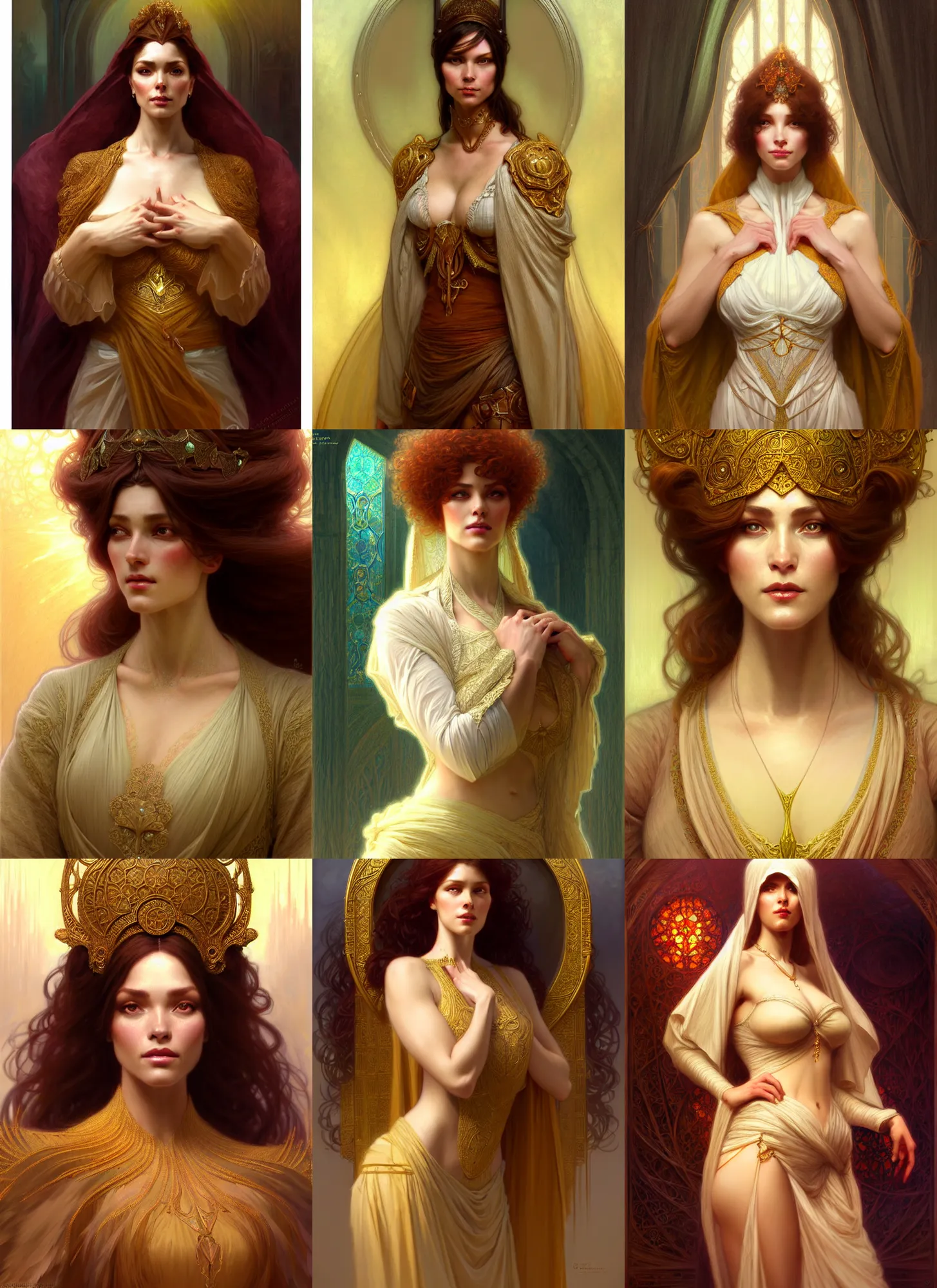 Image similar to character concept portrait of me as modest wife blessed by god to grow ever more intelligent beautiful voluminous muscular tall and virtuous. modestly clothed, intricate, elegant, highly detailed, digital painting, artstation, concept art, symmetry, smooth, sharp focus, illustration, art by gaston bussiere and alphone mucha