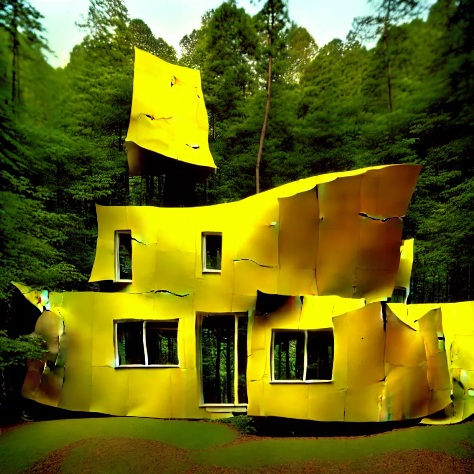 Image similar to a small flat house with big tiles in a forest, designed by Frank Gehry. Film grain, cinematic, yellow hue