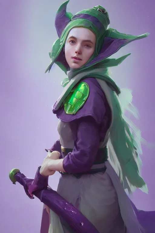 Image similar to portrait of a cute warlock girl with a staff in warlock armor, soft, purple and green, by tom bagshaw and atey ghailan and artgerm and and greg rutkowski, hyper realistic, octane render, trending on artstation