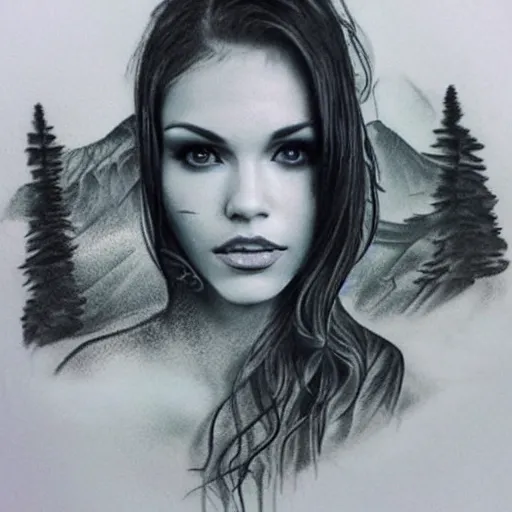 Prompt: realistic tattoo sketch of peta jensen face double exposure effect with a mountain scenery, in the style of matteo pasqualin, amazing detail, sharp