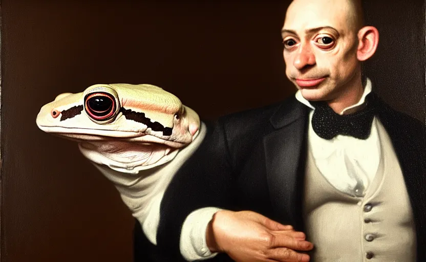 Image similar to a head - and - shoulders portrait of an amazon milk frog looking off camera wearing a black suit jacket, tan vest, and white ascot, an american romanticism painting, a portrait painting, cgsociety, soft focus, oil on canvas