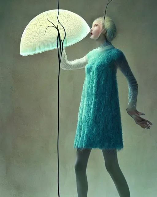 Image similar to a luminous jelly fish armor. soft. fragile. by ray caesar. by louise dahl - wolfe. by andrea kowch. by anna claren. surreal photography