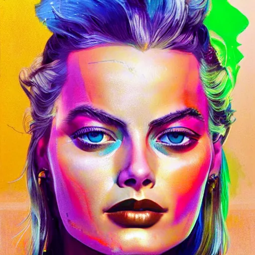 Prompt: vibrant face portrait of a diesel punk margot robbie on the art deco streets of the big city, symmetrical face, 3 d anime, award - winning realistic sci - fi concept art by jim burns and greg rutkowski, picasso, beksinski, masterpiece, complimentary colors, james gilleard, bruegel, alphonse mucha, and yoshitaka amano