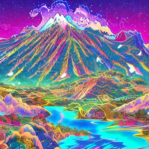 Prompt: a detailed illustration of a mountain anime art by lisa frank, dan mumford, trending on artstation, wallpaper 4 k