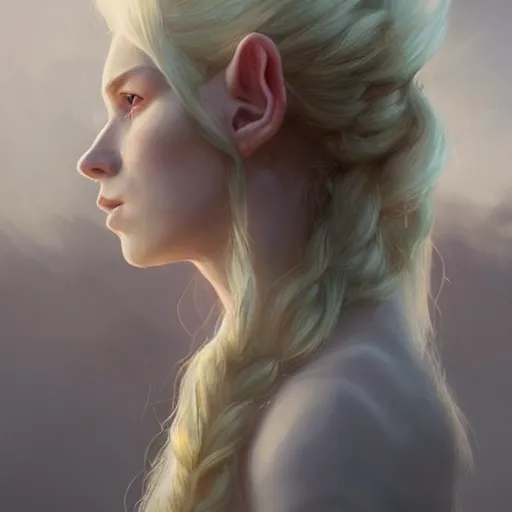 Image similar to a beautiful artwork side profile portrait of a highland elf with long blonde hair and pale skin by greg rutkowski , featured on artstation, fantasy