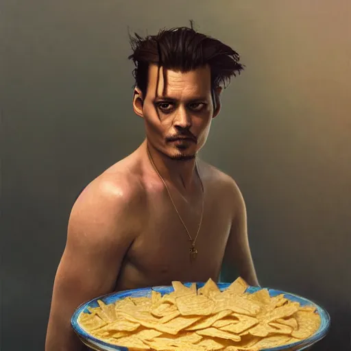 Image similar to johnny depp swimming in a giant bowl of chip dip, ultra high detailed, oil painting, greg rutkowski, charlie bowater, yuumei, yanjun cheng, unreal 5, daz, hyperrealistic, octane render, rpg portrait, dynamic lighting