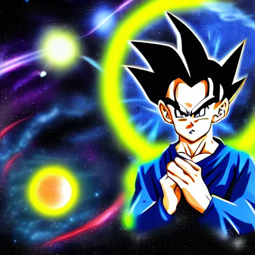 Image similar to gohan from dragon ball z flying through galaxy, black hole, digital art