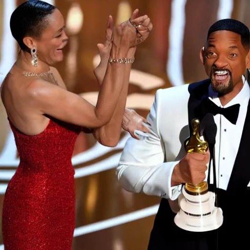 Image similar to Will Smith slapping himself at the oscars while his wife Jada laughs maniacally