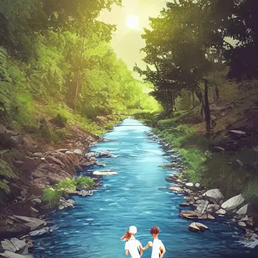 Image similar to couple running in white clothes beside a river. steep riverbank. happy summer days.. centered median photoshop filter cutout vector behance artgem hd jesper ejsing!