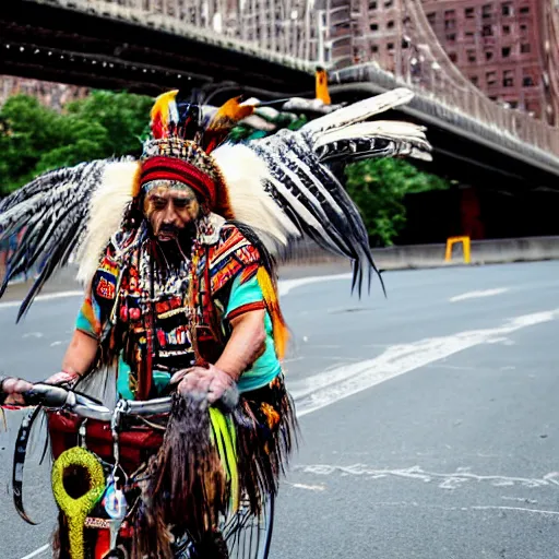 Prompt: an indigenous shaman dressed with a quetzalcoatl feathered serpent riding a bike in manhattan bridge