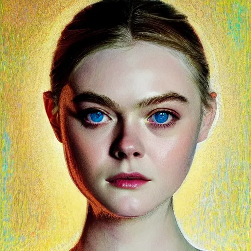 Prompt: professional painting of Elle Fanning in the style of Victor Nizovtsev, head and shoulders portrait, symmetrical facial features, smooth, sharp focus, illustration, intricate, stormy weather, extremely detailed masterpiece,