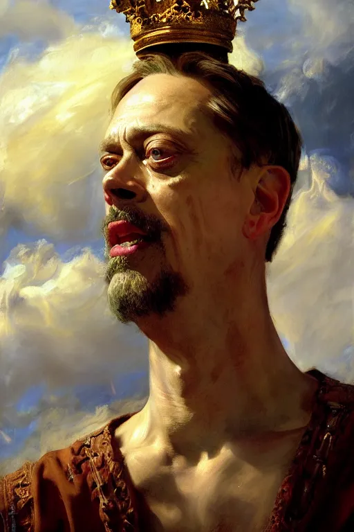 Image similar to beautiful detailed expressive impressionistic oil painting portrait of ancient roman god emperor steve buscemi ascending into the clouds wearing the civic crown, renaissance painting, art by anders zorn, wonderful masterpiece by greg rutkowski, expressive brush strokes, beautiful cinematic light, american romanticism by greg manchess, jessica rossier