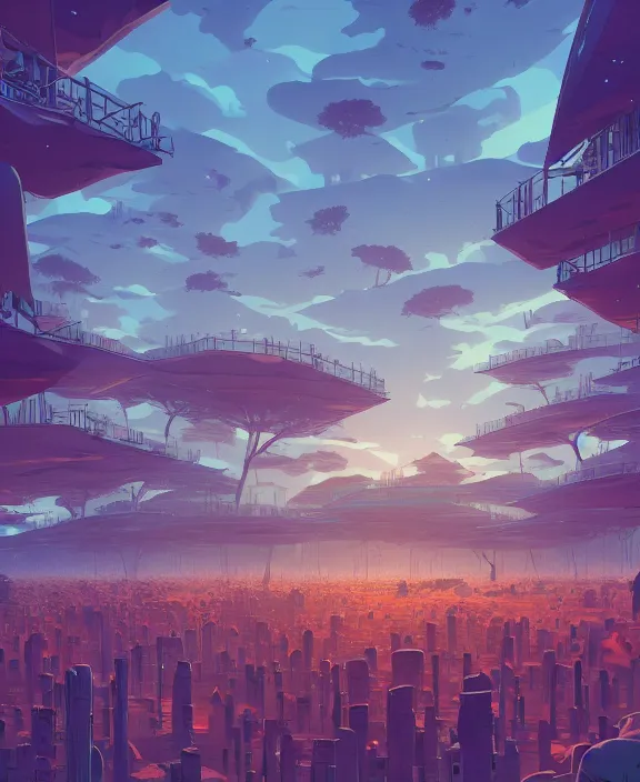 Image similar to minimalist building made from exotic fungus, crowds of people, by dan mumford, yusuke murata, makoto shinkai, ross tran, cosmic, hellish, god rays, cinematic, unreal engine, cel shaded, featured on artstation, pixiv