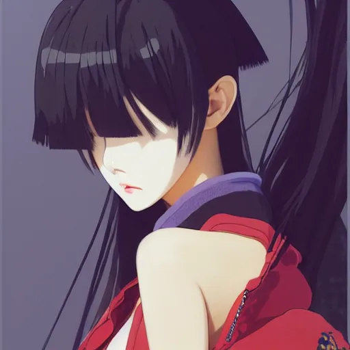 Image similar to a beautiful japanese lalisa alluring gravure model, wearing oversized designer bomber jacket and leotard, bulky poofy bomber jacket with mesoamerican patterns, mesoamerican native street fashion, gapmoe yandere grimdark, trending on pixiv fanbox, painted by greg rutkowski makoto shinkai takashi takeuchi studio ghibli, akihiko yoshida