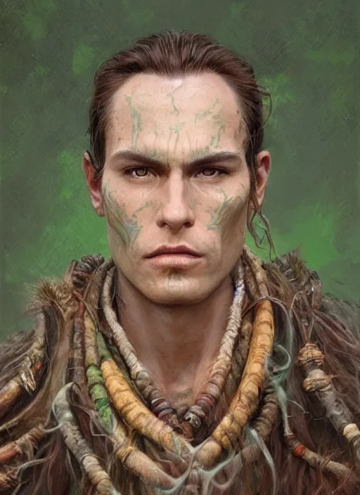 Prompt: a shaman in his twenties with long light brown hair tied back, light green eyes, a large forehead, a widows peak and a round face with high cheekbones and full lips as a realistic d & d fantasy character, portrait art by donato giancola and greg rutkowski, vintage retro, realistic face, digital art, trending on artstation