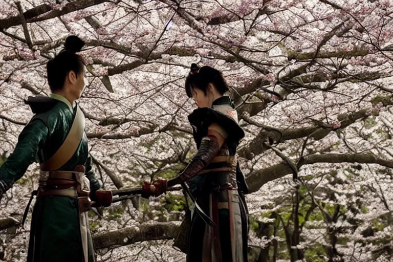 Image similar to vfx movie scene closeup japanese warrior couple, stand off, holding swords, in cherry blossom forest, natural lighting by emmanuel lubezki