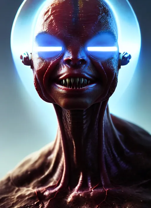 Prompt: portrait of a space alien, varying detailed skin, octane render, eyes glowing with two rings of high contrast colors, realistic render, detailed, ugly, slimy unreal engine, symmetrical!!, greg rutkowski and ruan jia, cinematic