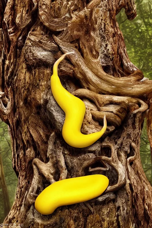 Image similar to A brilliant yellow banana slug with deer antlers, poised magnificently on a tree stump deep in a redwood forest, magical, deep woods, octane render, 8k,realism, insanely detailed, intricate, natural lighting, illustrated by TamberElla, national geographic wildlife photography, digital art, fantasy creature, realistic Trending on artstation, artstationHD, artstationHQ, 4k, 8k