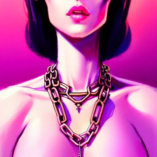 Image similar to portrait of beautiful woman marvel character, confident pose, strong jewelry, wearing chains. pastel pink, bright colors, sharp focus, illustration, highly detailed, concept art, matte, trending on artstation, anime, art by wlop and artgerm and greg rutkowski, h 6 4 0