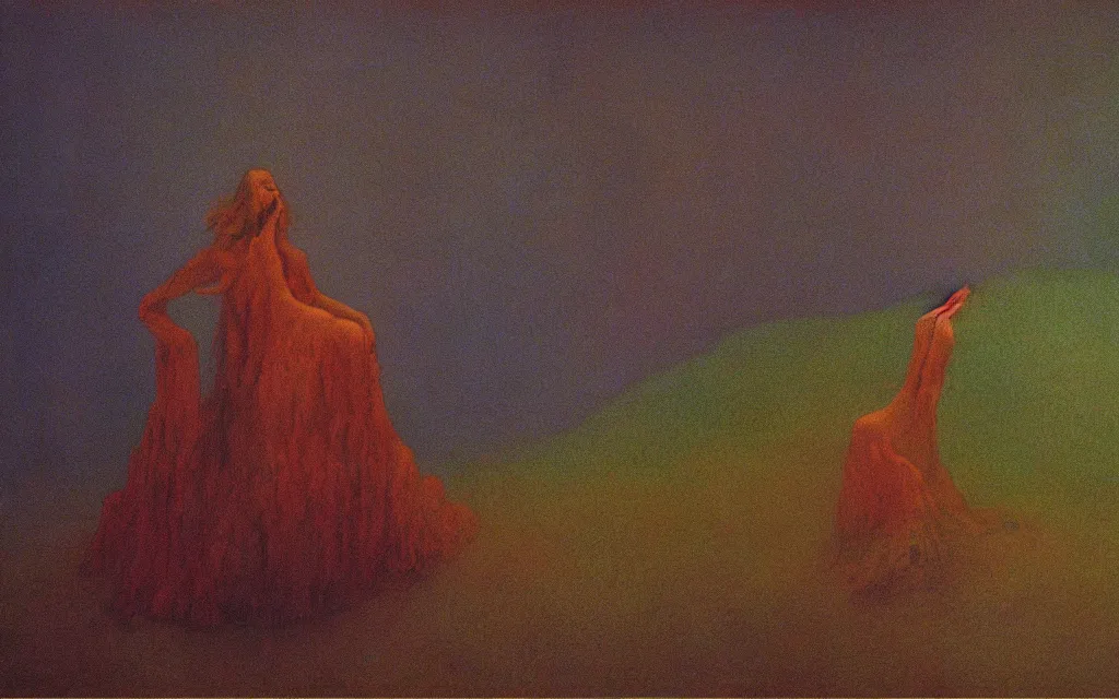 Image similar to colorized movie still from haxan, oil painting by zdzisław beksinski, iridescent color palette chromatic aberration