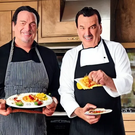 Image similar to john travolva and steven segal host a cooking show