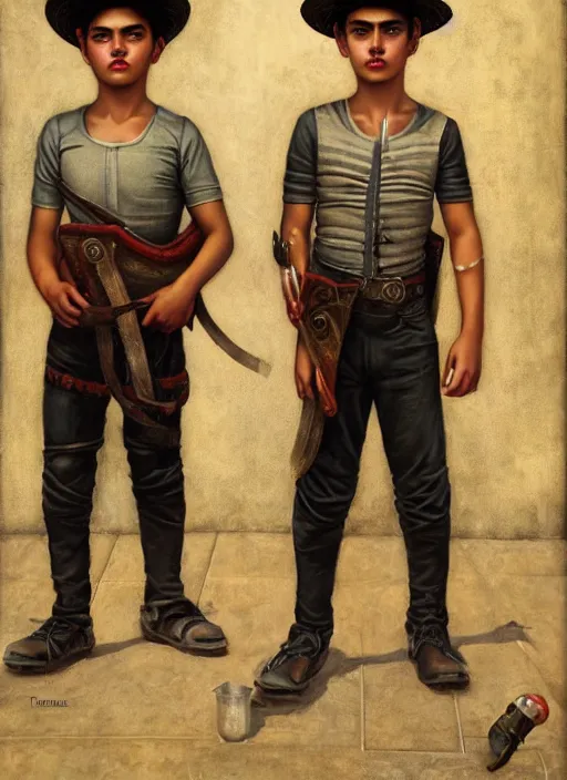 Image similar to portrait of macho young twin mexican buddies in guadalajara, by tom bagshaw and manuel sanjulian