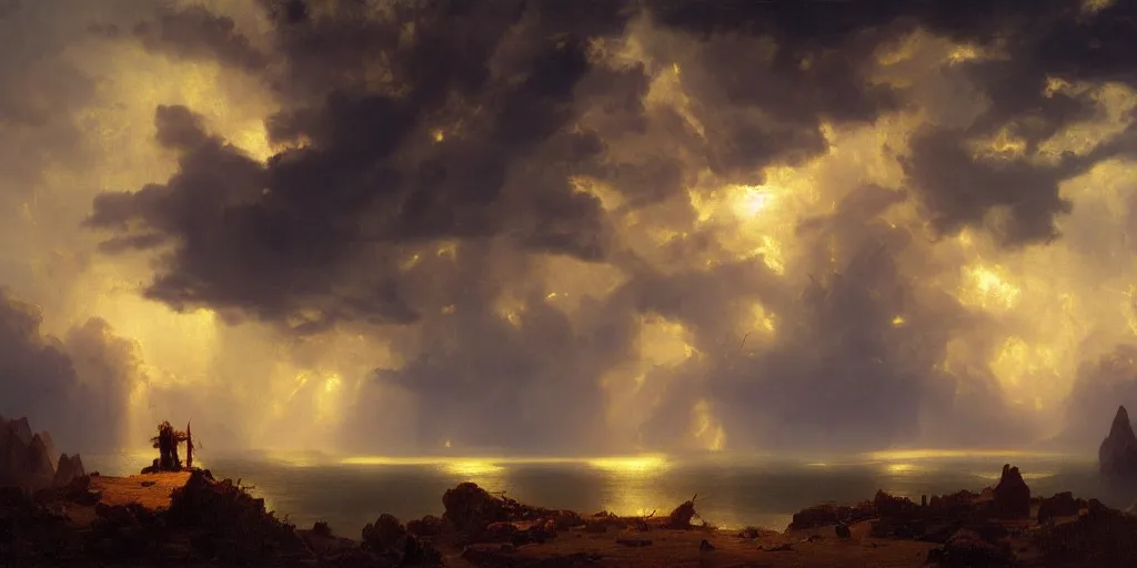 Prompt: a beautiful painting of epic skycape with thunder clouds and storm over a moody landscape by albert bierstadt and joseph zbukvic, moody color scheme, high detail, trending on artstation, orange : - 1, yellow : - 1