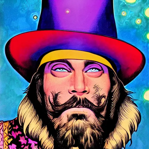 Image similar to a psychedelic wizard with a long beard and a fedora wizard hat, highly detailed comic book art by jack kirby, alex ross, 8 k