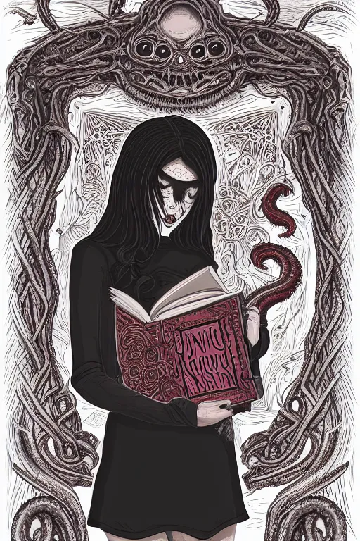 Image similar to ai illustration of romantic girl, her cat and her book of necronomicon, symmetrical, cinematic, sharp focus, 4 k, ultra hd, sense of awe, sinister demonic atmosphere, dreadful, forbidden knowledge, old gods, cthulhu, yog - sothoth! yah, yah, yah! cultist journal cover