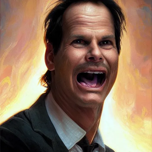 Image similar to portrait of Bill Paxton opening his mouth to eat pizza, highly detailed, digital painting, artstation, concept art, sharp focus, illustration, art by artgerm and greg rutkowski and alphonse mucha