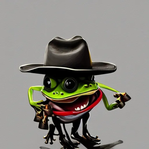 Image similar to a frog wearing a cowboy hat and riding a skateboard, award winning, trending on artstation, unreal engine