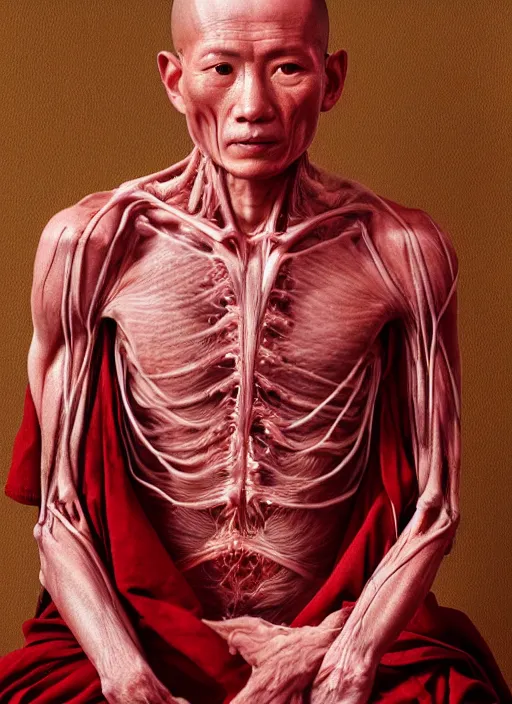 Image similar to portrait of a buddhist monk with translucent skin, visible muscles and veins and arteries and bones and spines and nerves, beautiful detailed intricate insanely detailed octane render, 8k artistic photography, photorealistic, chiaroscuro, by David Cronenberg, Raphael, Caravaggio