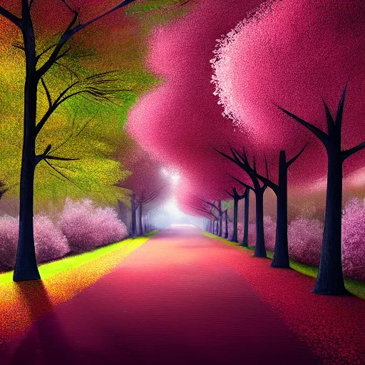 Image similar to road through a cherry tree forest, pellets falling down with the wind, pinkshift render, advanced digital painting, 4k