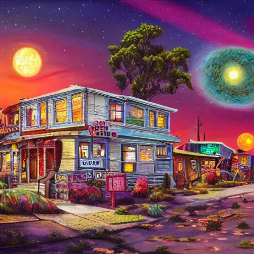 Image similar to 5 0 s tract home suburb on ancient post - apocalyptic planet, jim henson creature shop, vivid and colorful, thomas kincaid, cinematic, oil painting, highly detailed, illustration