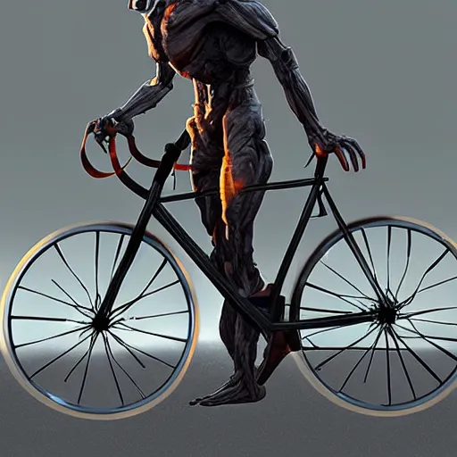 Image similar to humanoid on concept bicycle night artstation unreal