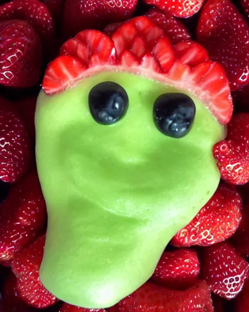 Image similar to a strawberry with the face of gary busey