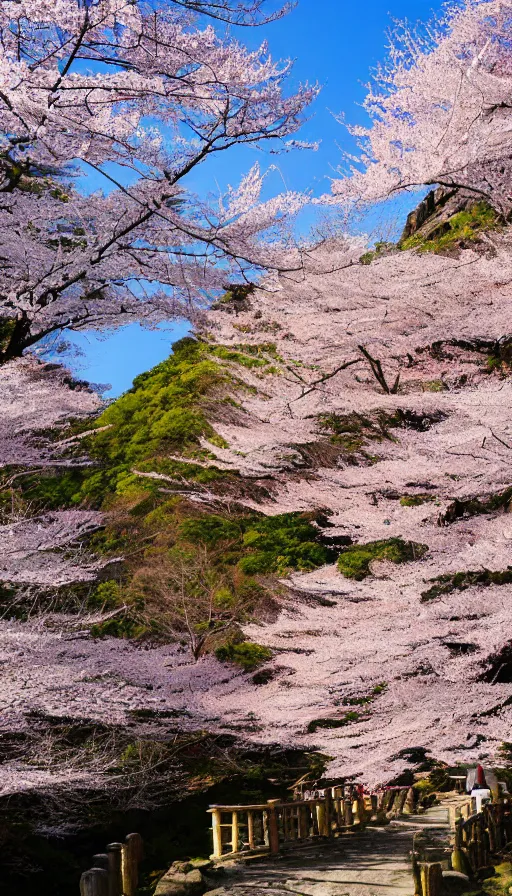 Prompt: a shinto shrine path atop a mountain,spring,sakura trees,beautiful,nature,distant shot,random point of view