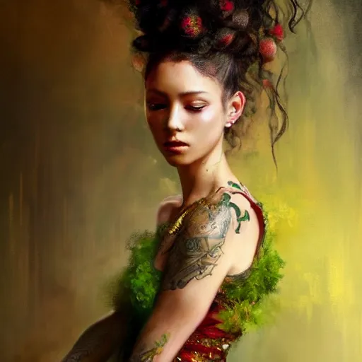 Image similar to an epic painting of a 1 9 years old girl figure, curly messy high bun hairstyle, oriental tattoos, subject wearing a gold and ruby high fashion gown, flowing, ornate, beautiful, muted tonal colors, with few vivid green highlights, by jeremy mann and greg rutkowski, artstation, oil on canvas