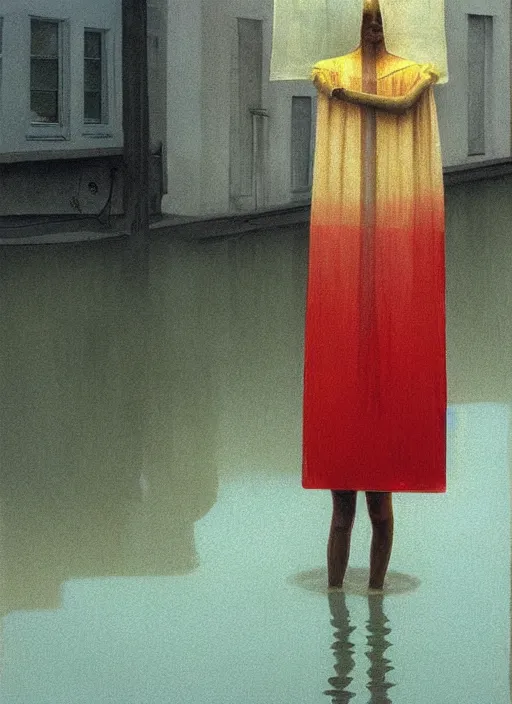 Image similar to woman dressed in transparent plastic bags, paper bags in hands and over the head, on flooded street Edward Hopper and James Gilleard, Zdzislaw Beksinski, highly detailed