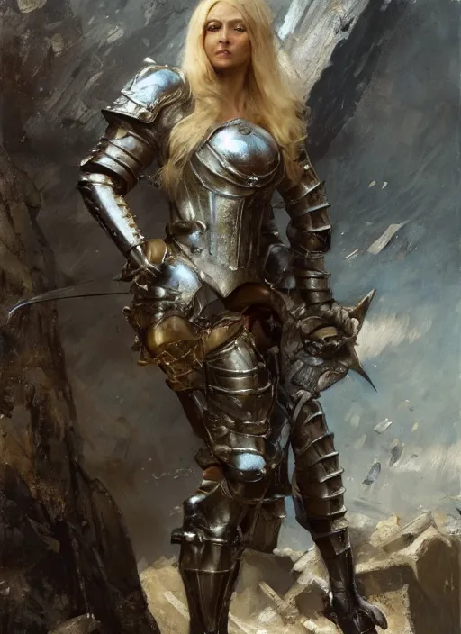 Image similar to short blonde muscular woman wearing medieval armour, detailed by gaston bussiere, bayard wu, greg rutkowski, giger, maxim verehin, greg rutkowski, masterpiece, sharp focus, cinematic lightning