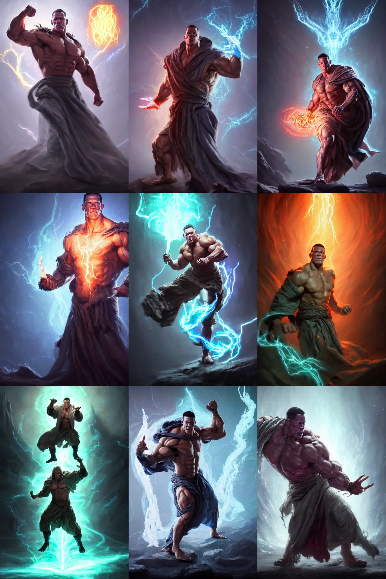 Image similar to full body portrait of john cena as a buff sorcerer casting a magical spell, tattered robe, by wlop and peter mohrbacher, dramatic action pose, extremely detailed shading, sharply focused, concept art, digital painting, trending on artstation, unreal engine 5, octane render, atmosphere, glow, cinematic lighting, full of color