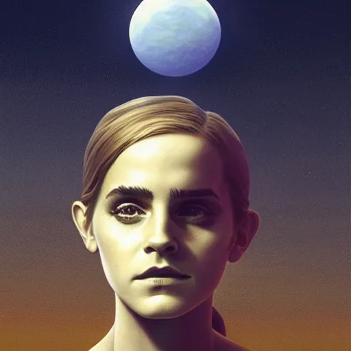 Image similar to psychedelic concept art illustration of Emma Watson with a dark moon in the far distance, trending on artstation, by zdzisław beksiński, 3d render, octane render, intricately detailed artwork, full 8k high quality resolution, recently just found unknown masterpiece